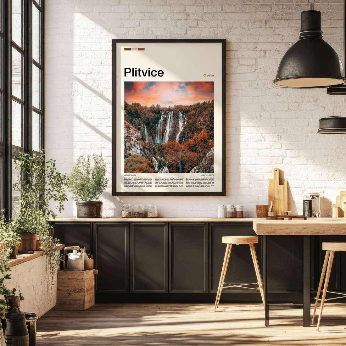 Plitvice Autumn Waterfalls At Sunset Travel Print framed on the wall of a bright kitchen and dining space