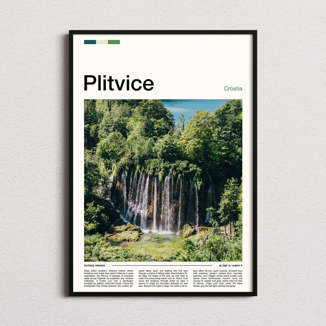 Plitvice Cascading Forest Waterfall Travel Print framed and photographed straight on