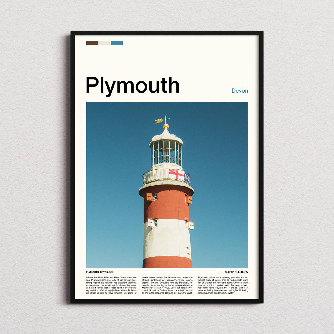 Plymouth Striped Lighthouse Tower Travel Print framed and photographed straight on