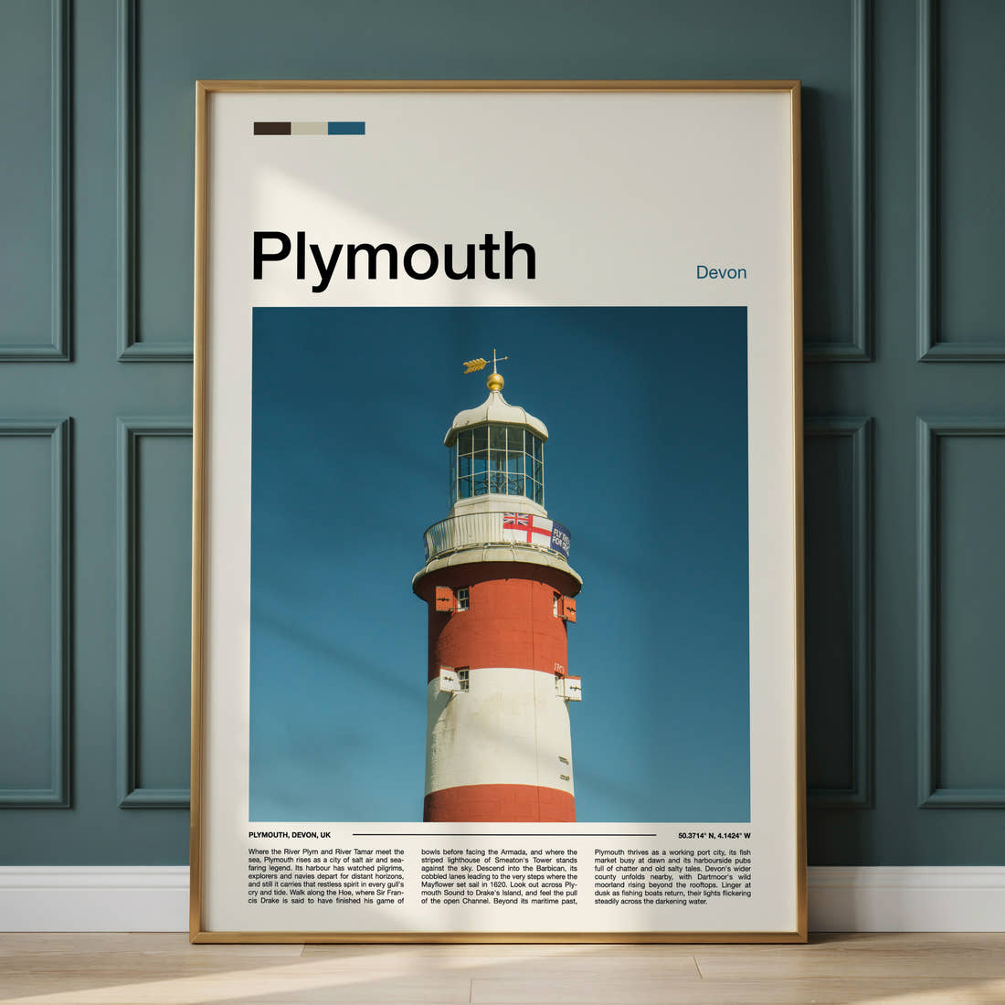 Plymouth Striped Lighthouse Tower Travel Print framed on the wall of a calm, neutral bedroom