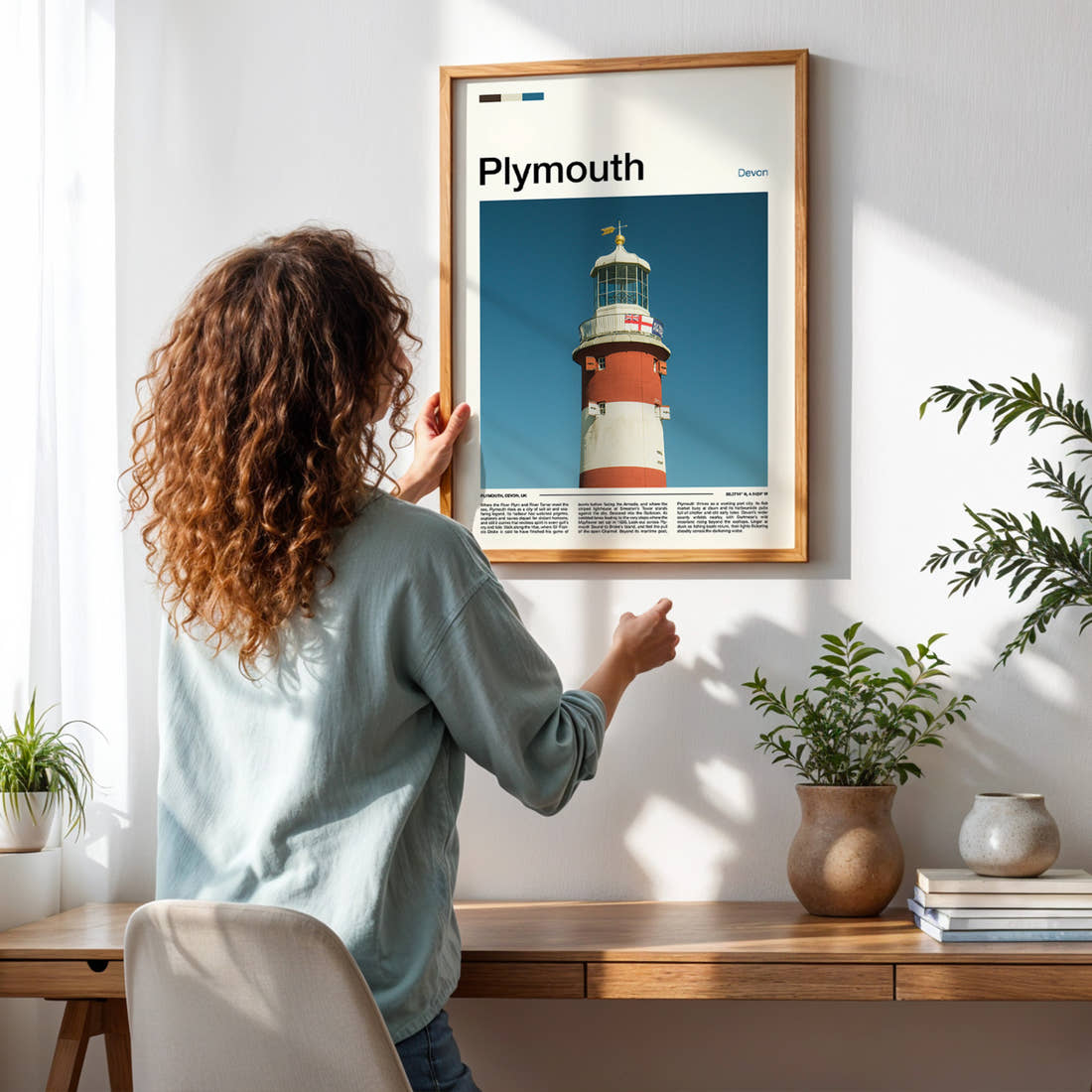 Plymouth Striped Lighthouse Tower Travel Print framed on a pale wall beside houseplants