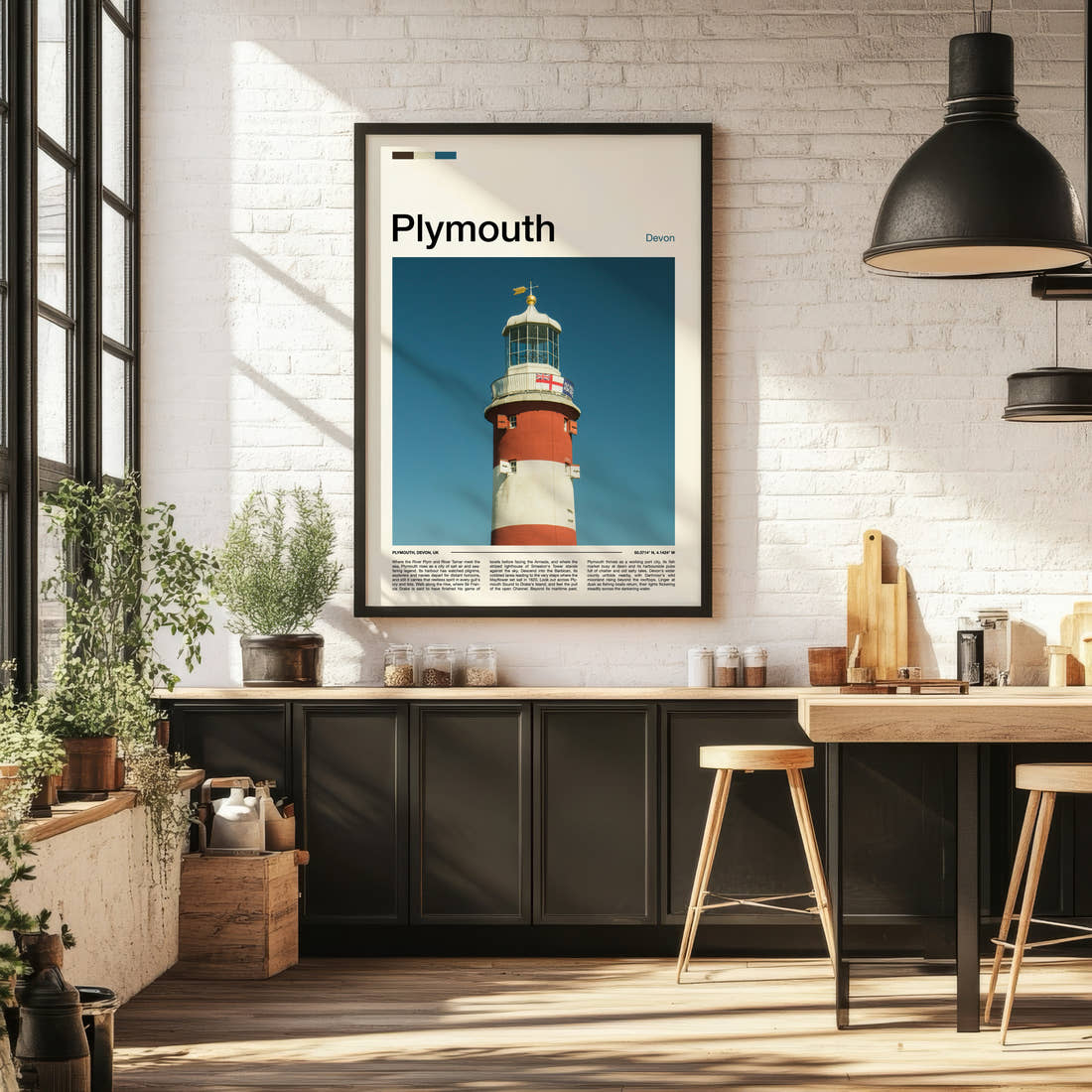 Plymouth Striped Lighthouse Tower Travel Print framed on the wall of a bright kitchen and dining space
