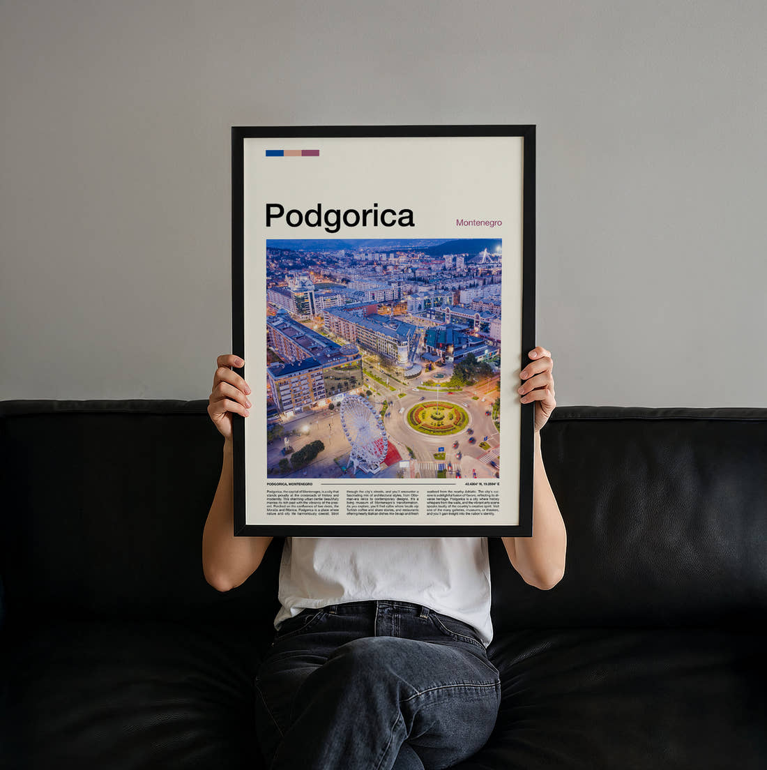 Podgorica Aerial View Of City Travel Print held up by hand to show the size of the print