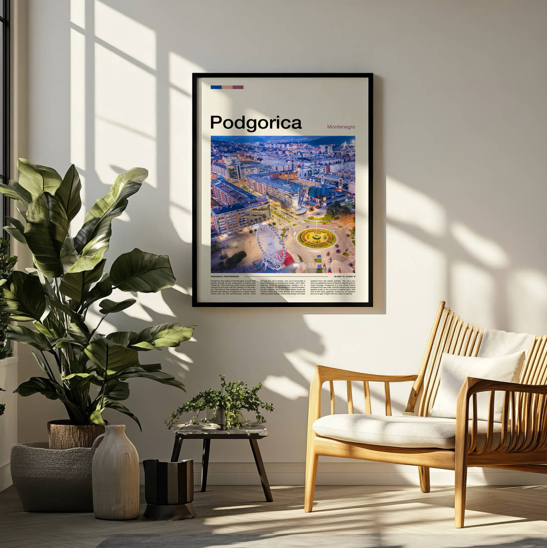 Podgorica Aerial View Of City Travel Print framed on a pale wall beside houseplants