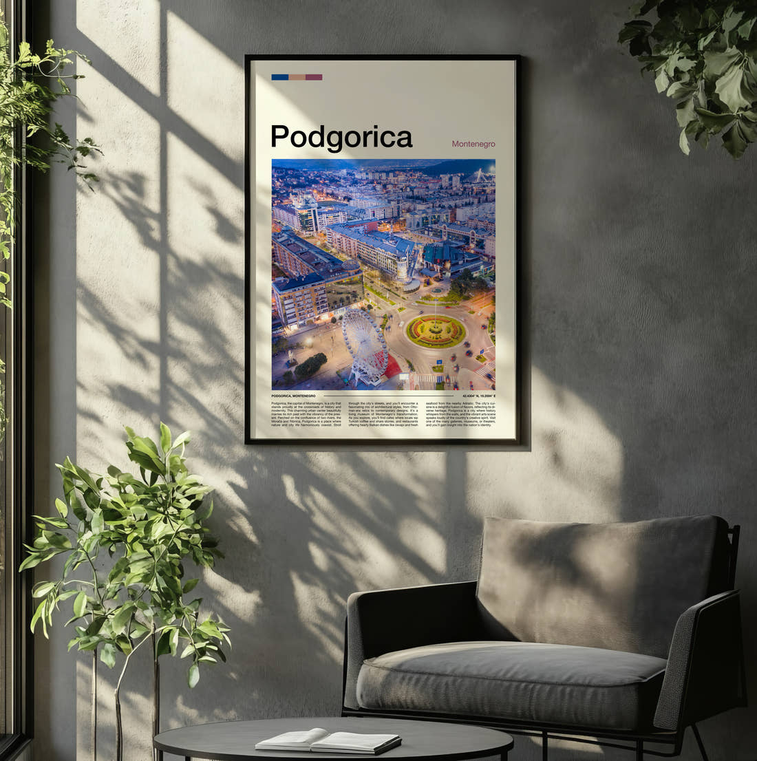 Podgorica Aerial View Of City Travel Print framed on the wall of a relaxed living room
