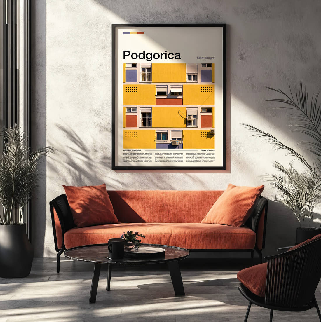 Podgorica Colourful Building Facade Travel Print framed on the wall of a modern living room