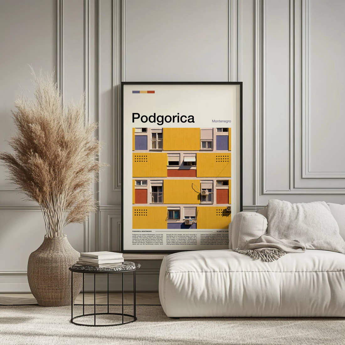 Podgorica Colourful Building Facade Travel Print framed on the wall of a calm, neutral bedroom