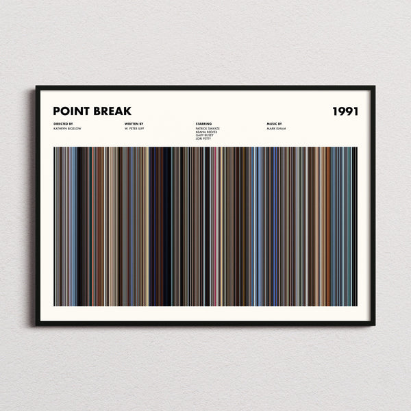 Point Break Movie Barcode Poster framed and photographed straight on