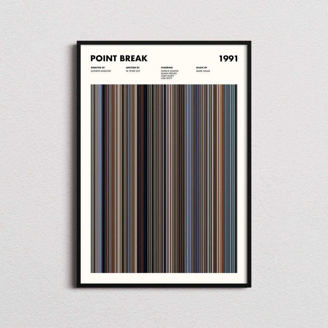 Point Break Movie Barcode Poster framed on a plain studio wall