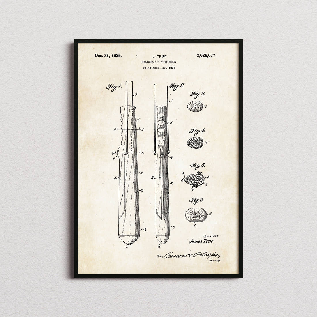 Policeman's Truncheon Patent Print in the aged paper colourway, framed