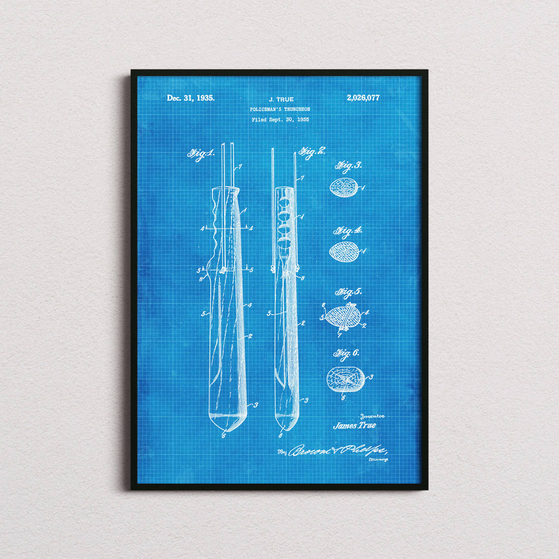Policeman's Truncheon Patent Print in the blueprint colourway, framed