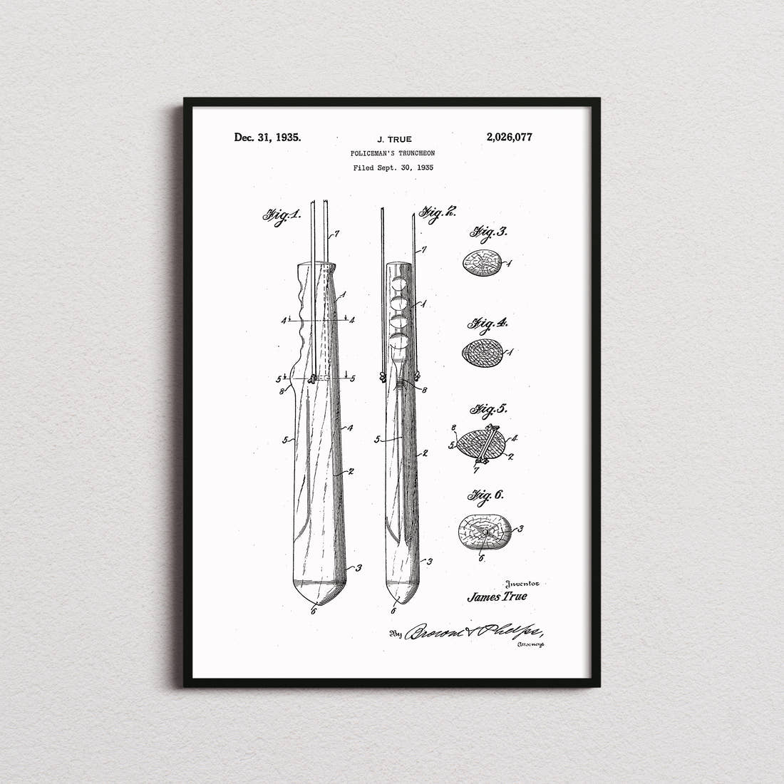 Policeman's Truncheon Patent Print in the white colourway, framed