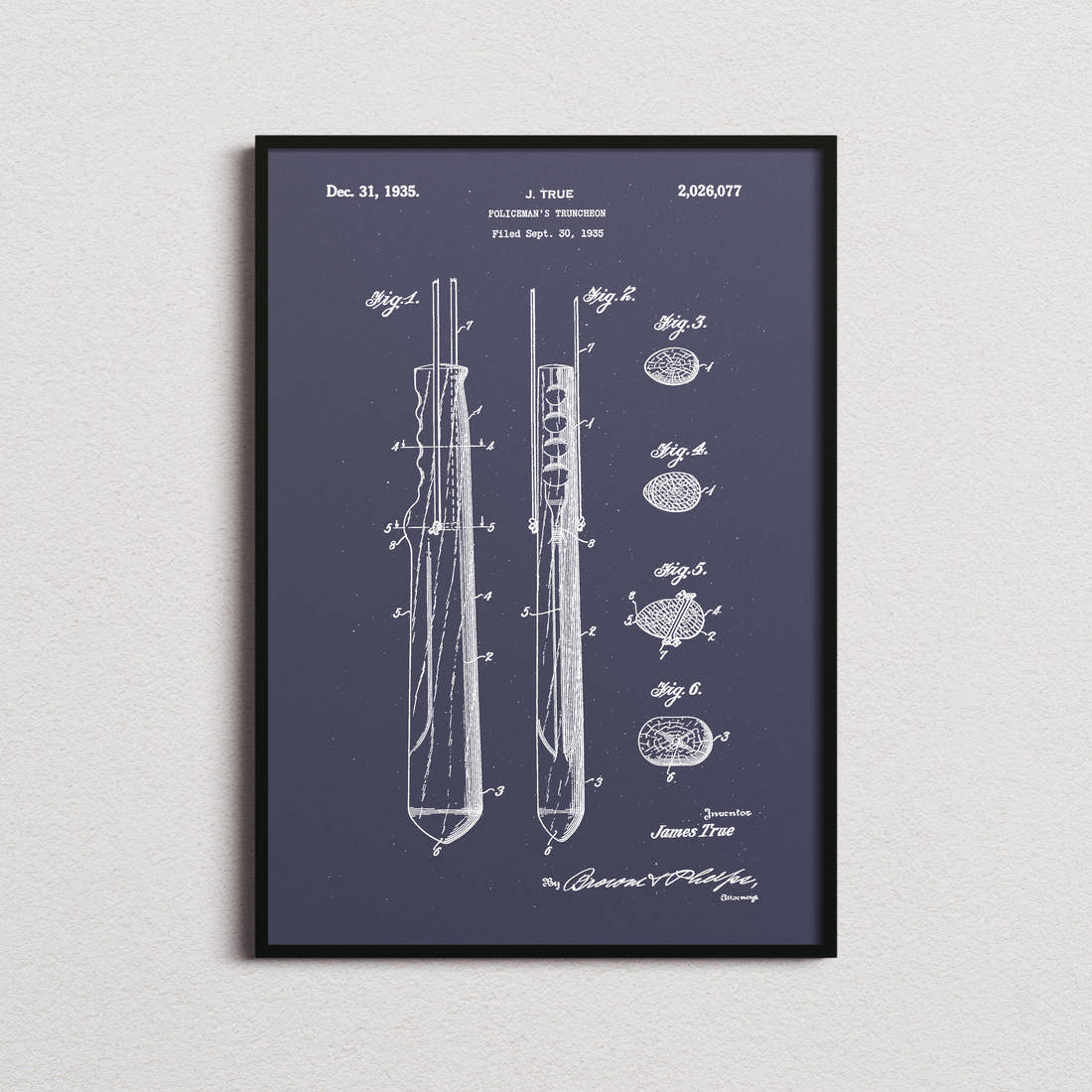 Policeman's Truncheon Patent Print in the navy colourway, framed