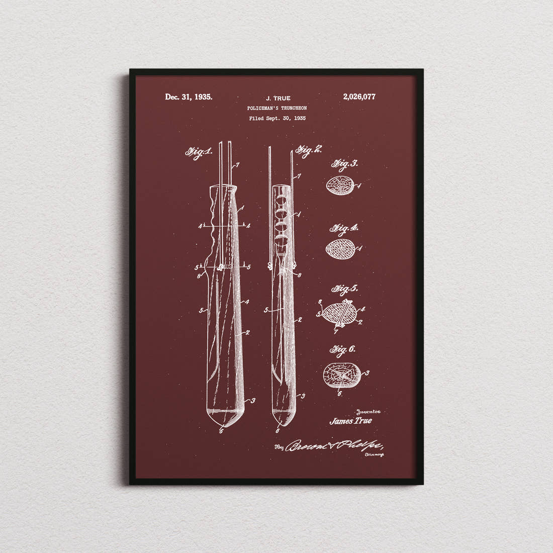 Policeman's Truncheon Patent Print in the burgundy colourway, framed