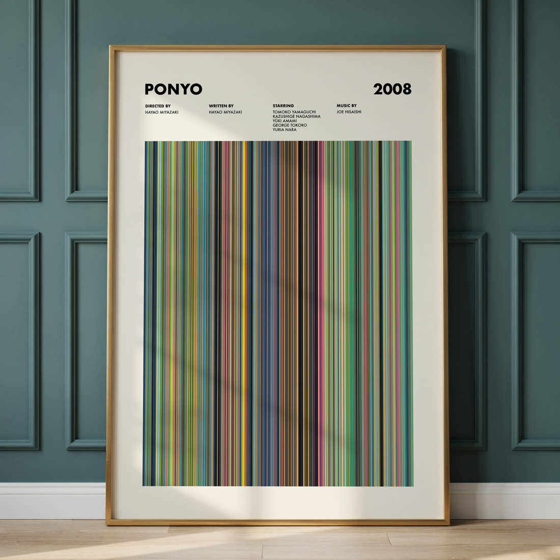 Ponyo Movie Barcode Poster framed and leaning against a panelled wall