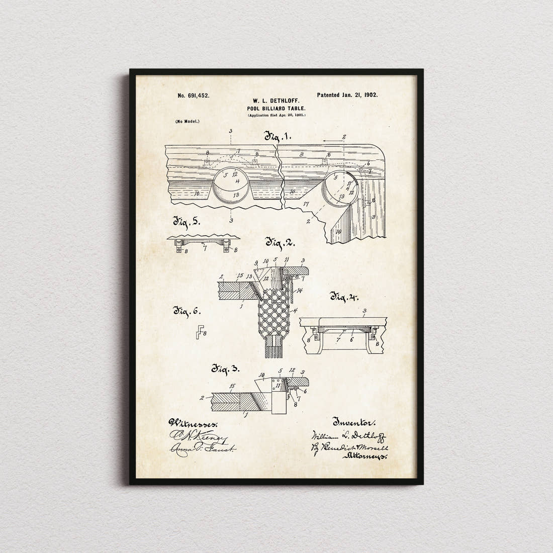 Pool Billiard Table Patent Print in the aged paper colourway, framed
