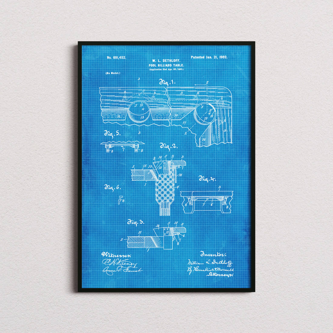 Pool Billiard Table Patent Print in the blueprint colourway, framed