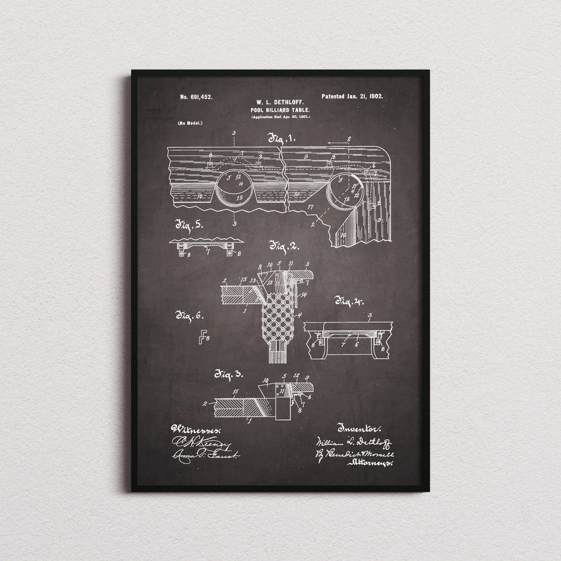 Pool Billiard Table Patent Print in the blackboard colourway, framed