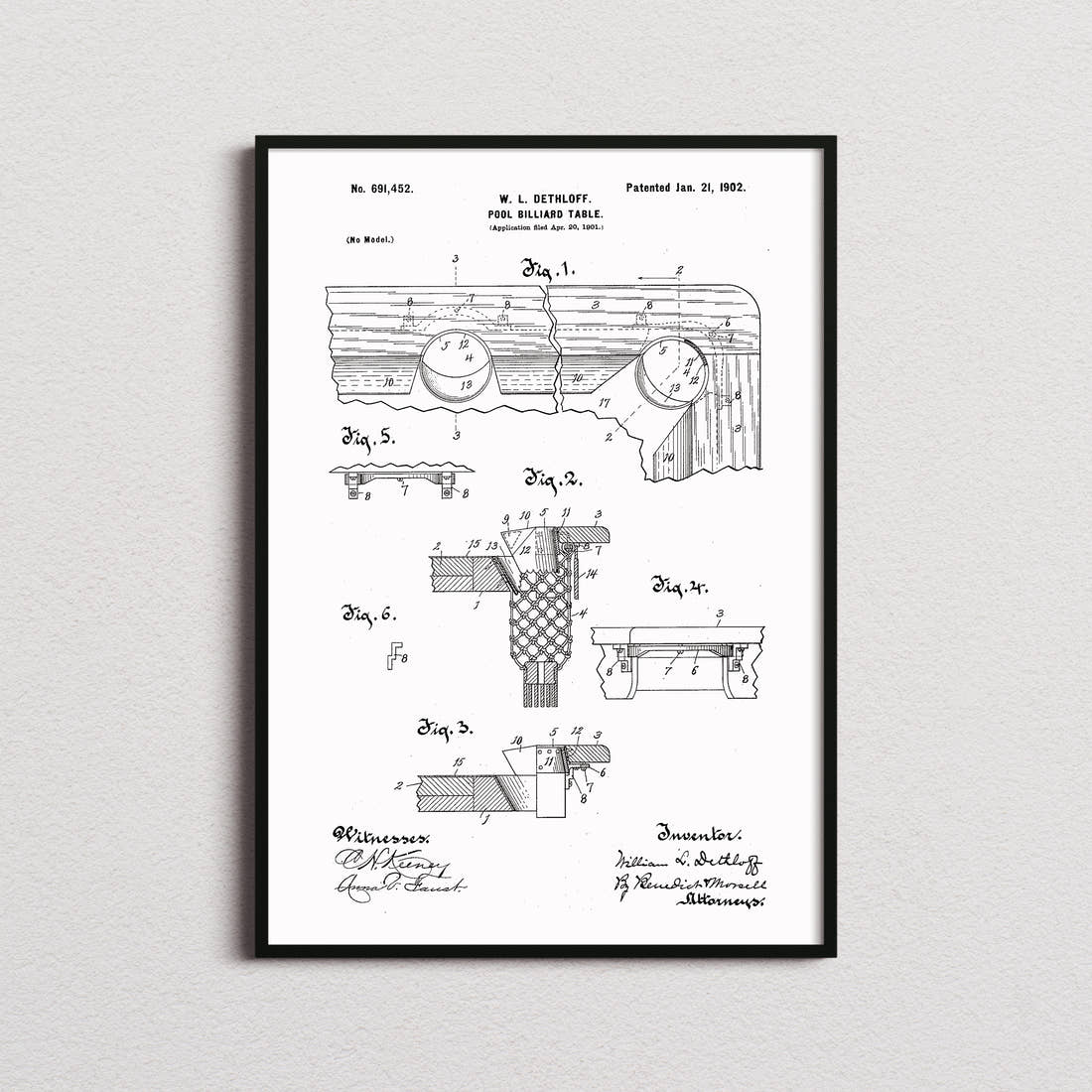 Pool Billiard Table Patent Print in the white colourway, framed