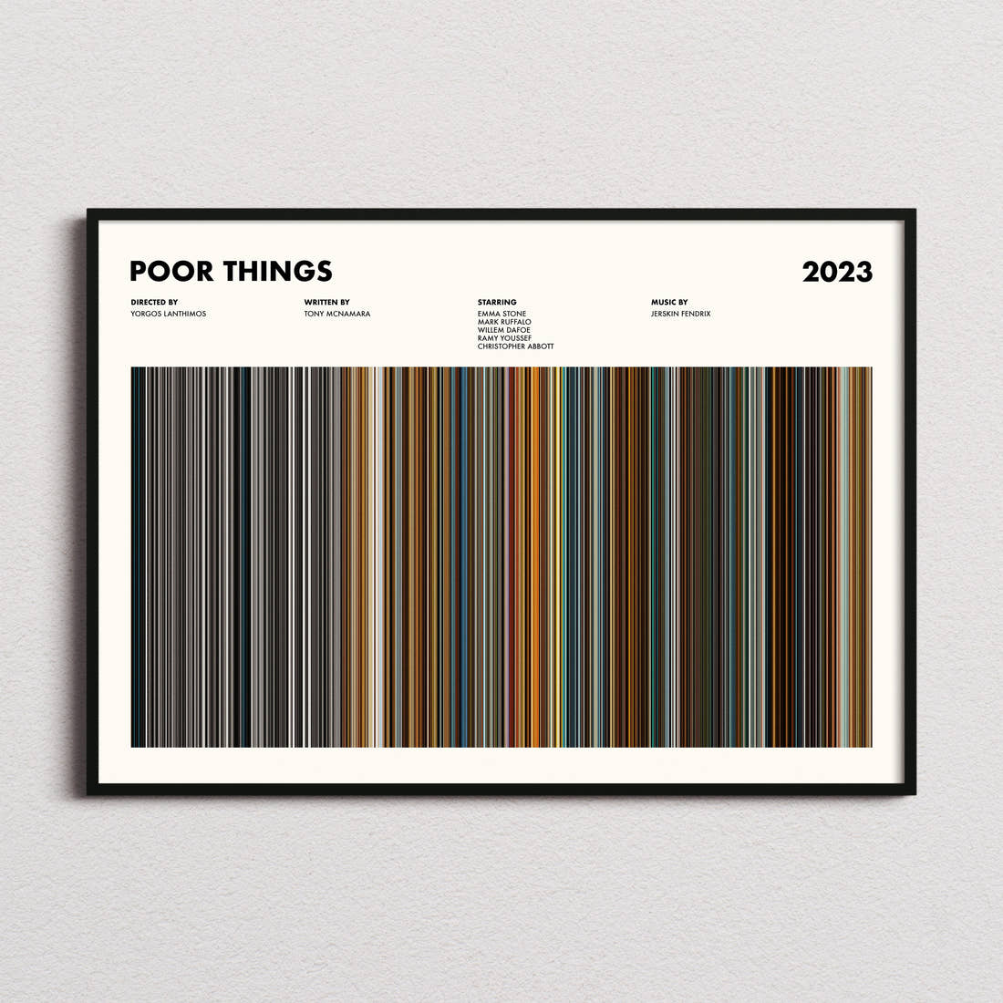 Poor Things Movie Barcode Poster framed and photographed straight on