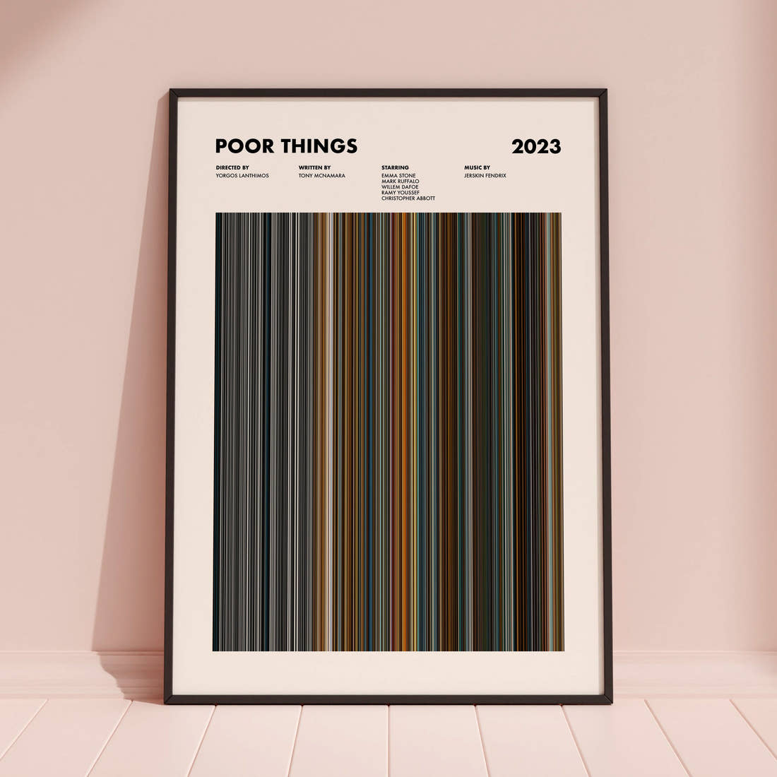 Poor Things Movie Barcode Poster framed and leaning against a coloured wall