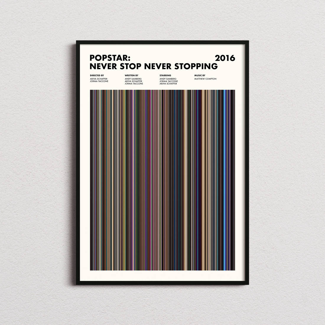 Popstar: Never Stop Never Stopping Movie Barcode Poster framed on a plain studio wall