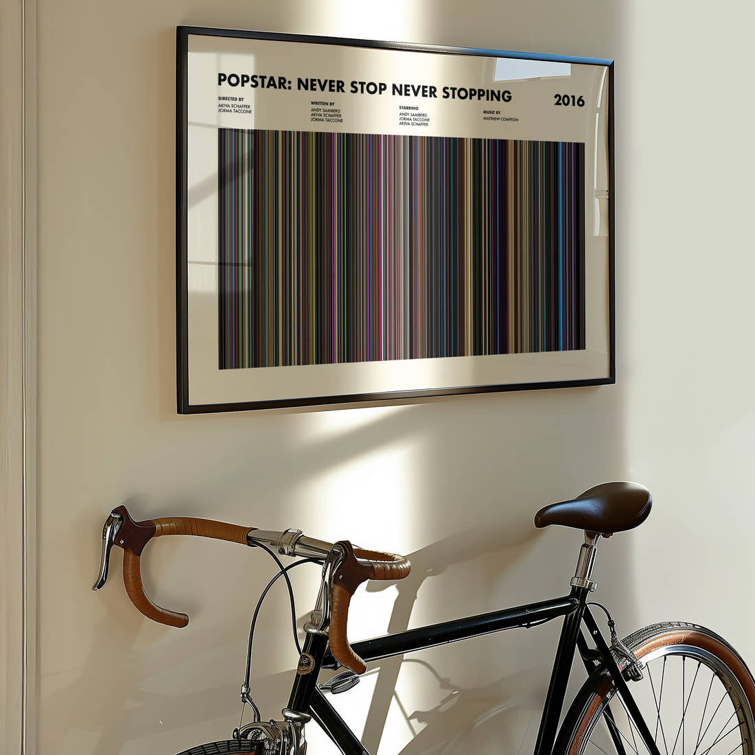Popstar: Never Stop Never Stopping Movie Barcode Poster framed on the wall of a styled room setting