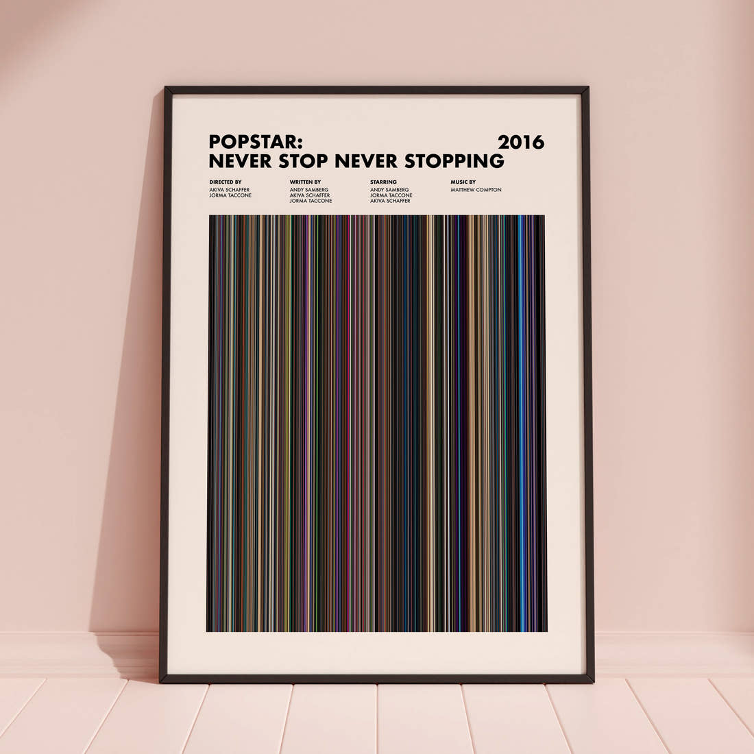 Popstar: Never Stop Never Stopping Movie Barcode Poster framed and leaning against a coloured wall