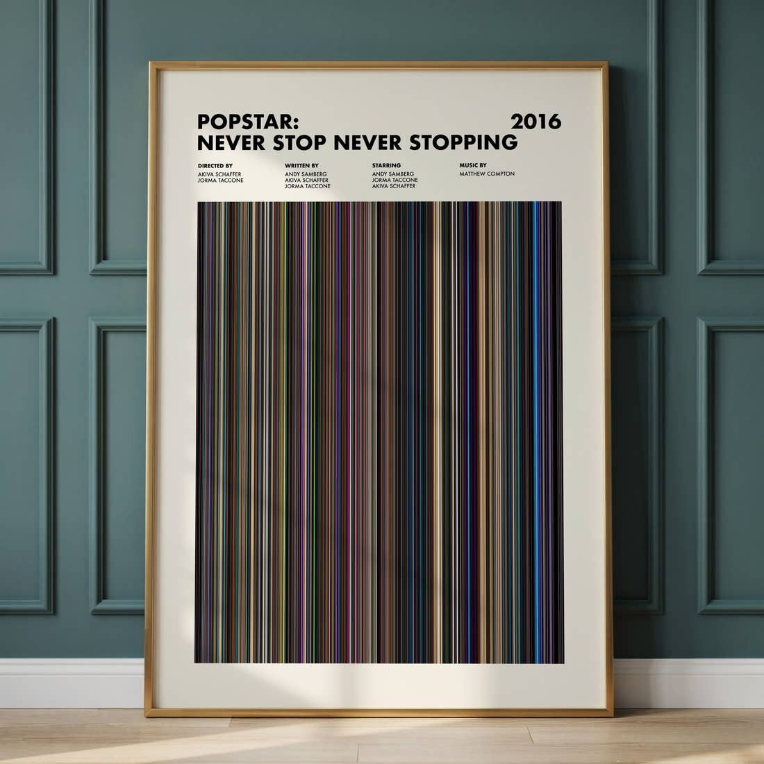 Popstar: Never Stop Never Stopping Movie Barcode Poster framed and leaning against a panelled wall