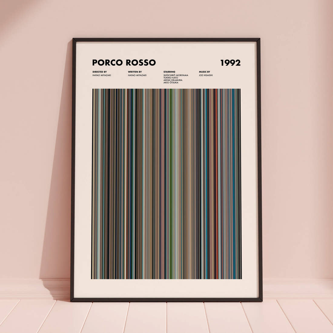 Porco Rosso Movie Barcode Poster framed and leaning against a coloured wall