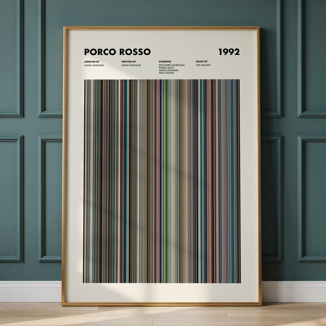 Porco Rosso Movie Barcode Poster framed and leaning against a panelled wall
