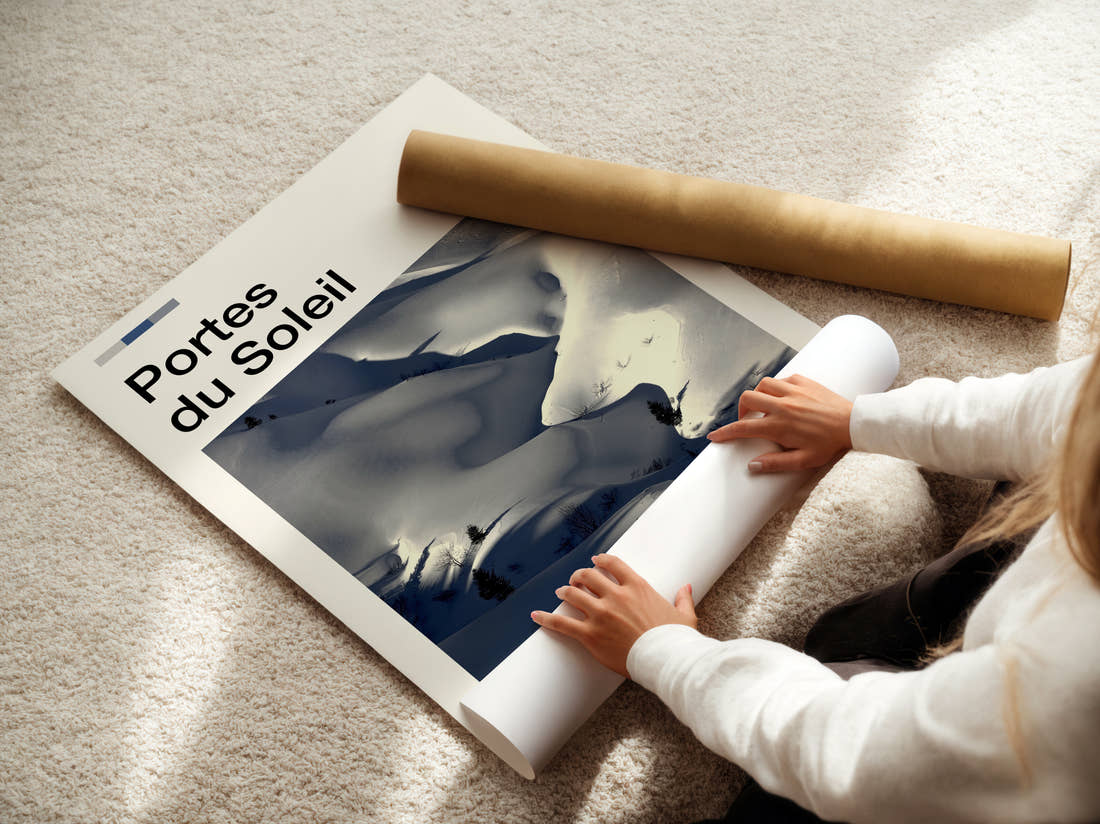 Portes Du Soleil Snowy Slopes Travel Print being unrolled from its postal tube