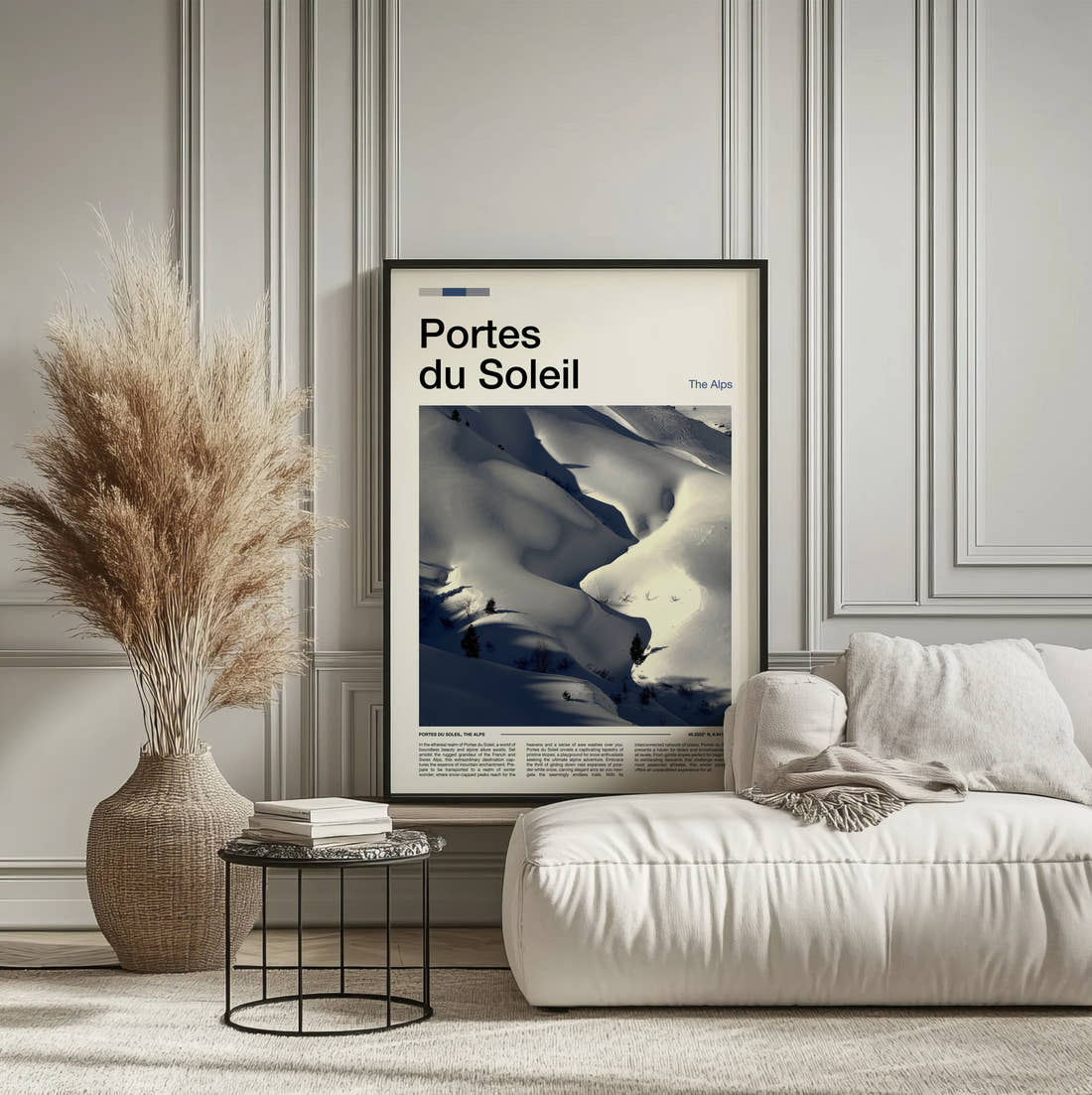 Portes Du Soleil Snowy Slopes Travel Print framed on the wall of a calm, neutral bedroom