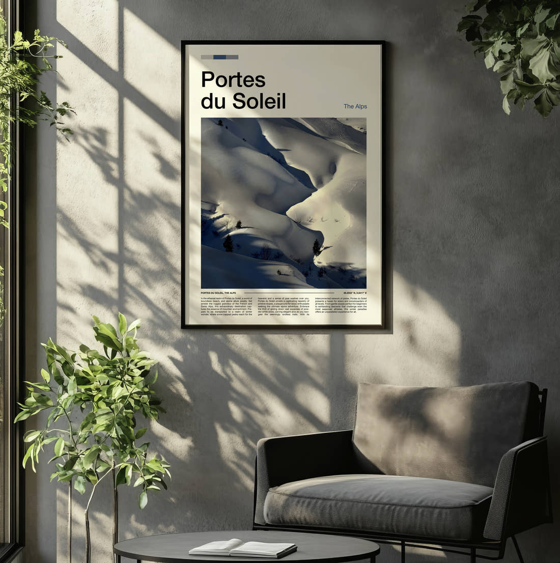 Portes Du Soleil Snowy Slopes Travel Print framed on the wall of a relaxed living room