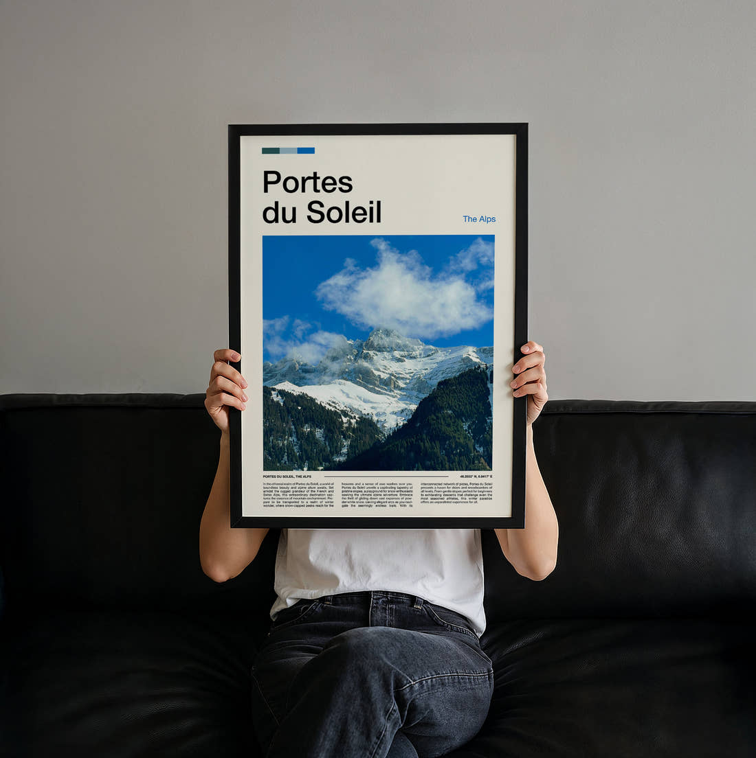 Portes Du Soleil Snowy Mountain Peak Travel Print held up by hand to show the size of the print