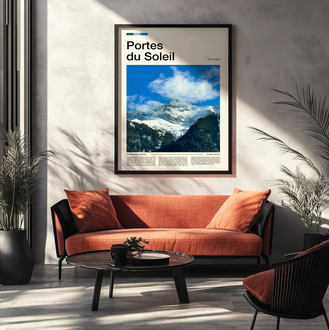 Portes Du Soleil Snowy Mountain Peak Travel Print framed on the wall of a modern living room