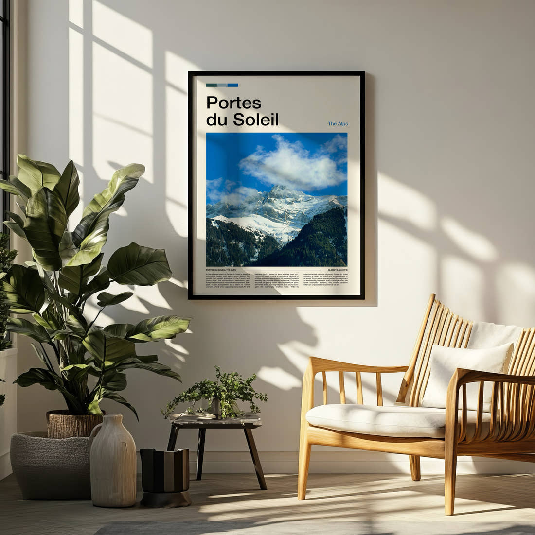 Portes Du Soleil Snowy Mountain Peak Travel Print framed on a pale wall beside houseplants