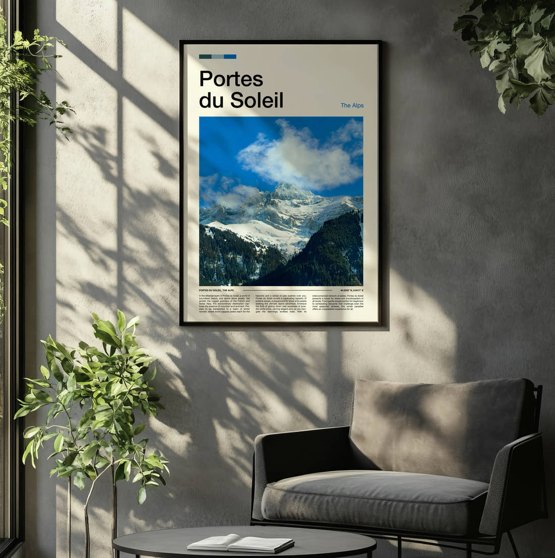 Portes Du Soleil Snowy Mountain Peak Travel Print framed on the wall of a relaxed living room