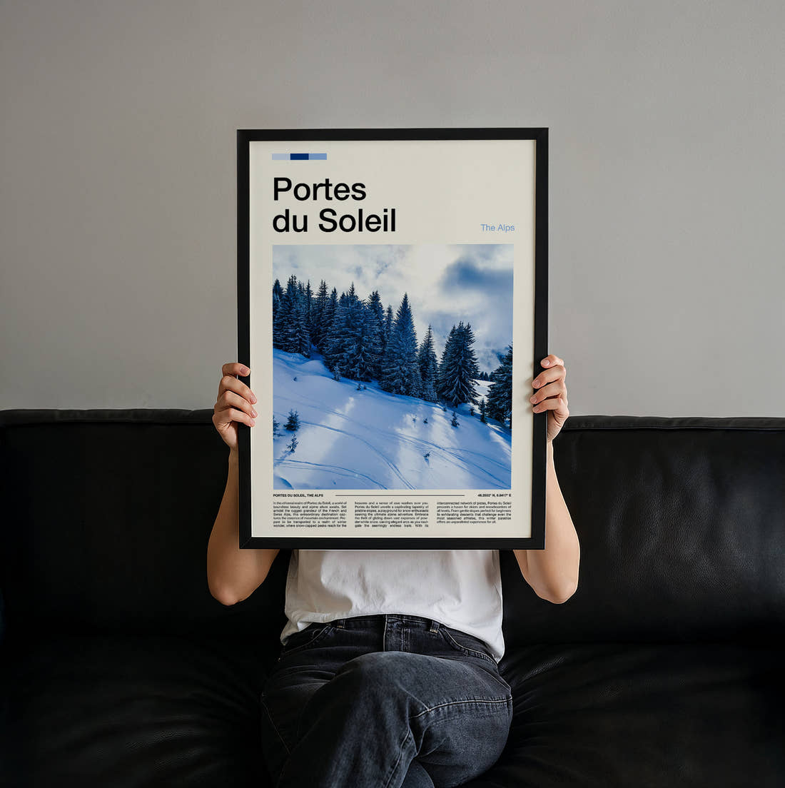 Portes Du Soleil Snow-Covered Pine Trees Travel Print held up by hand to show the size of the print