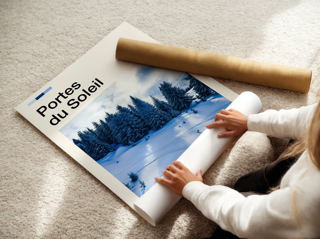 Portes Du Soleil Snow-Covered Pine Trees Travel Print being unrolled from its postal tube