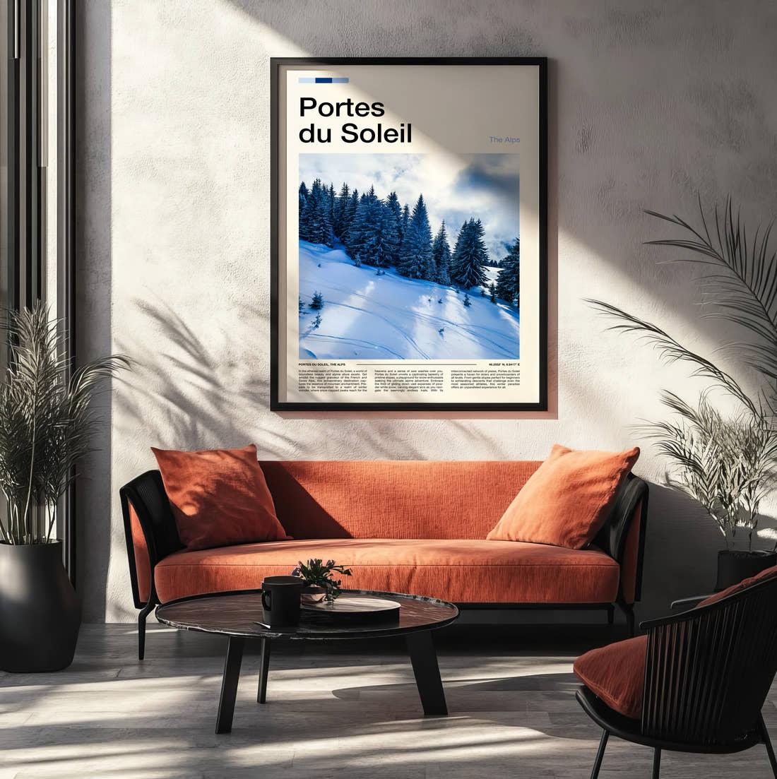 Portes Du Soleil Snow-Covered Pine Trees Travel Print framed on the wall of a modern living room