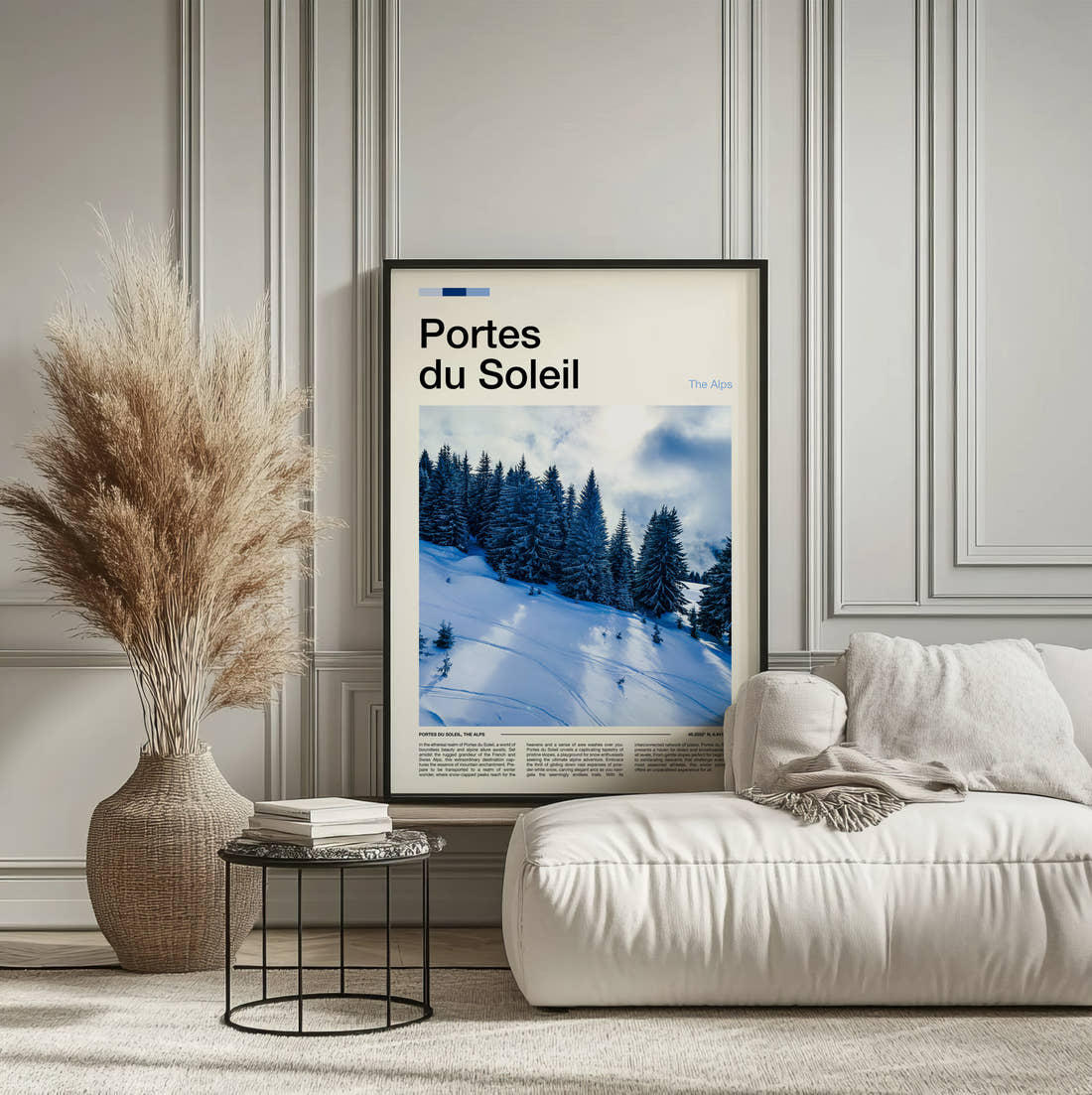 Portes Du Soleil Snow-Covered Pine Trees Travel Print framed on the wall of a calm, neutral bedroom