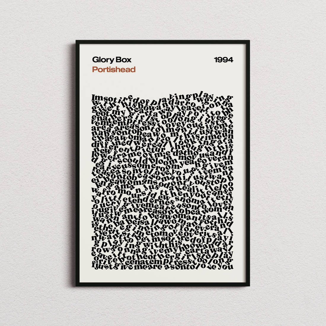Portishead Glory Box Lyric Print in the cream colourway, framed