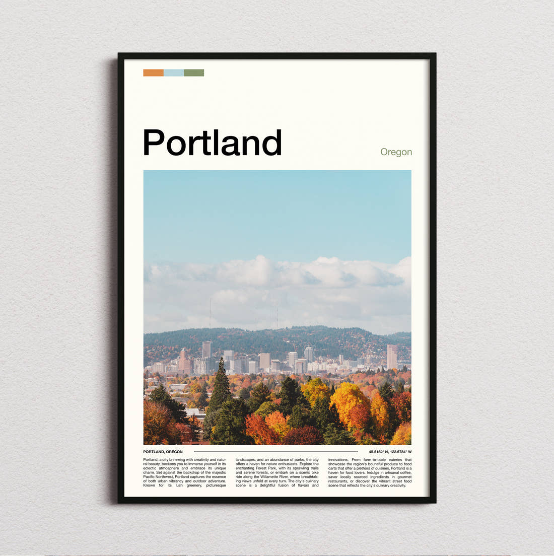 Portland Autumn Trees And Skyline Travel Print framed and photographed straight on
