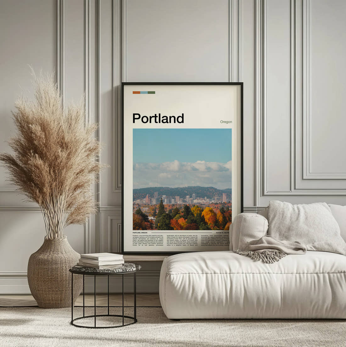 Portland Autumn Trees And Skyline Travel Print framed on the wall of a calm, neutral bedroom