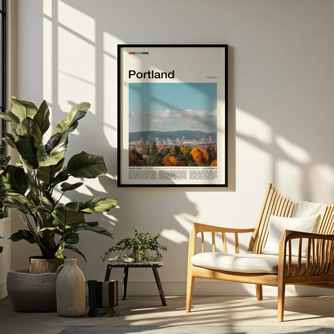 Portland Autumn Trees And Skyline Travel Print framed on a pale wall beside houseplants