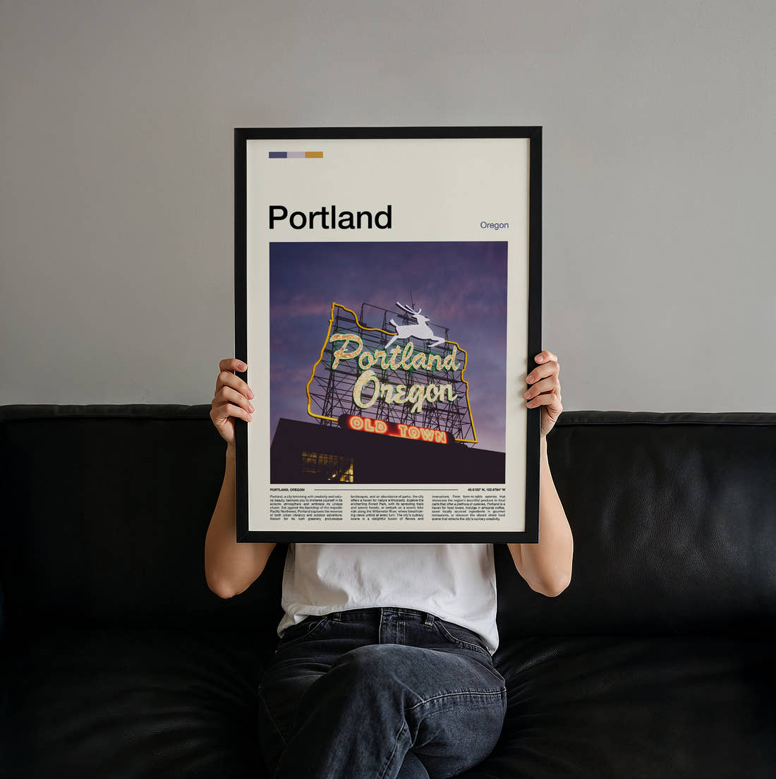 Portland Old Town Neon Sign Travel Print held up by hand to show the size of the print