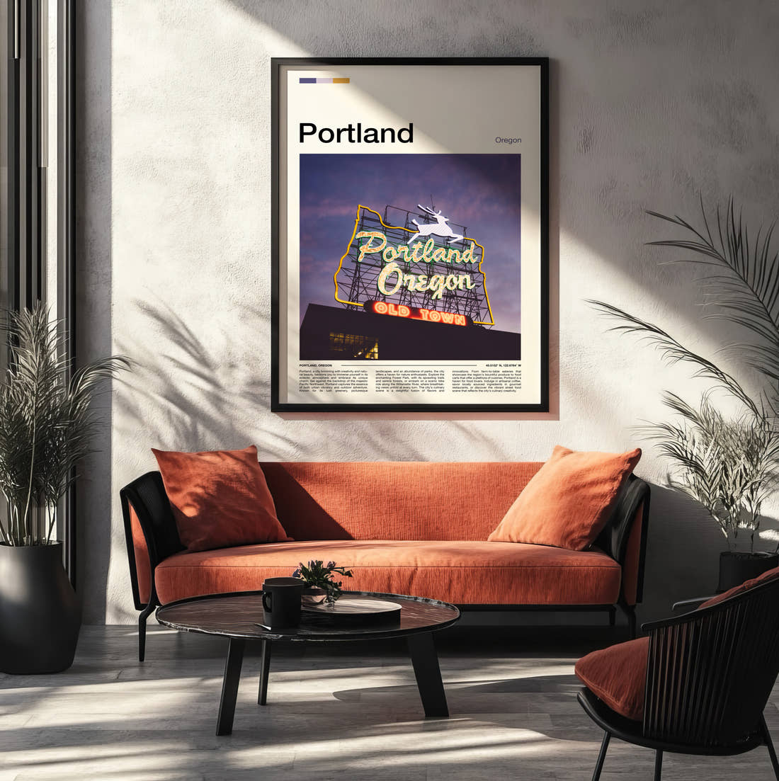Portland Old Town Neon Sign Travel Print framed on the wall of a modern living room