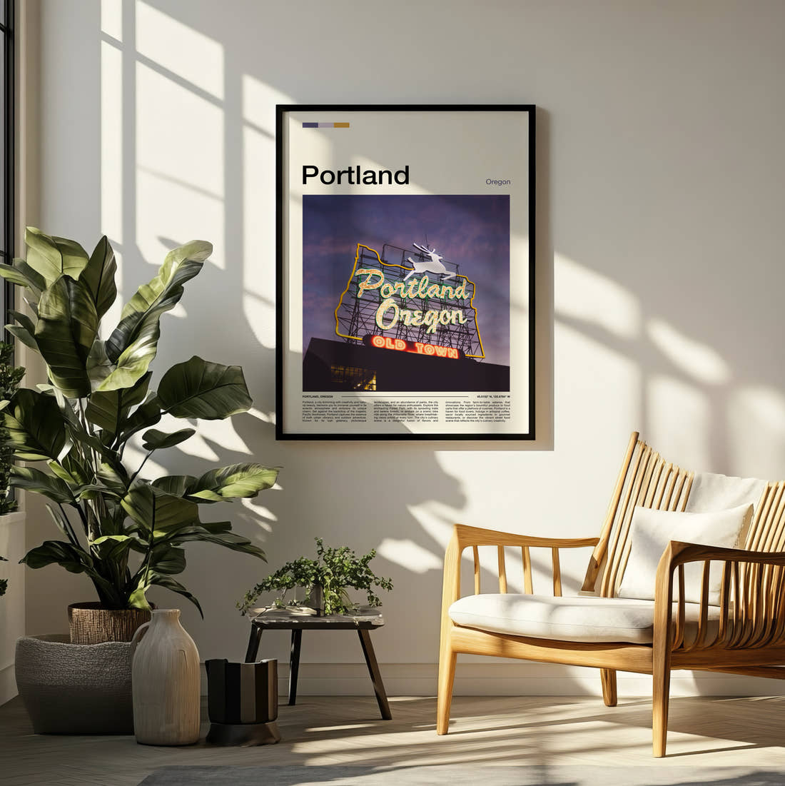 Portland Old Town Neon Sign Travel Print framed on a pale wall beside houseplants