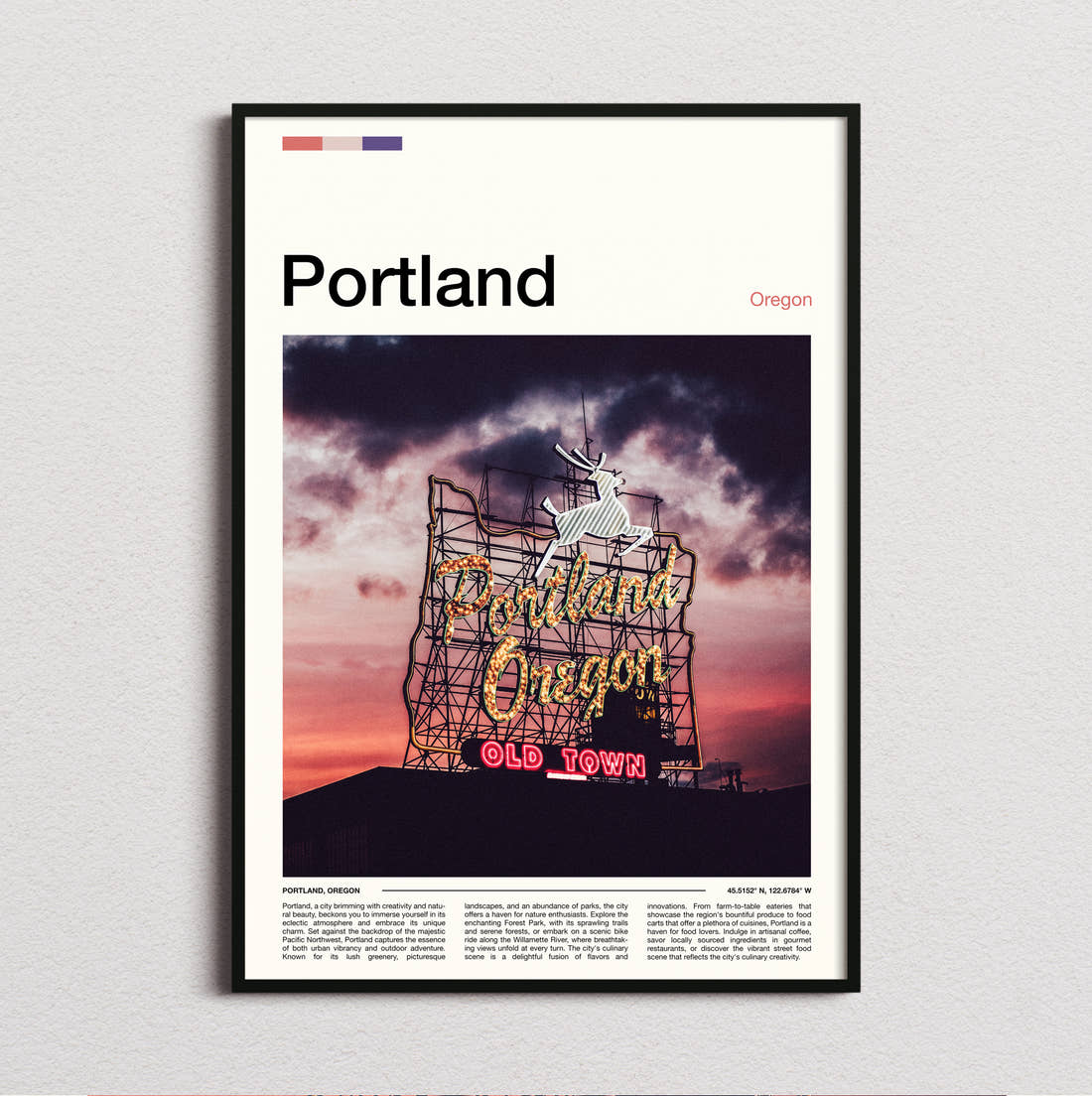 Portland Neon Sign At Sunset Travel Print framed and photographed straight on